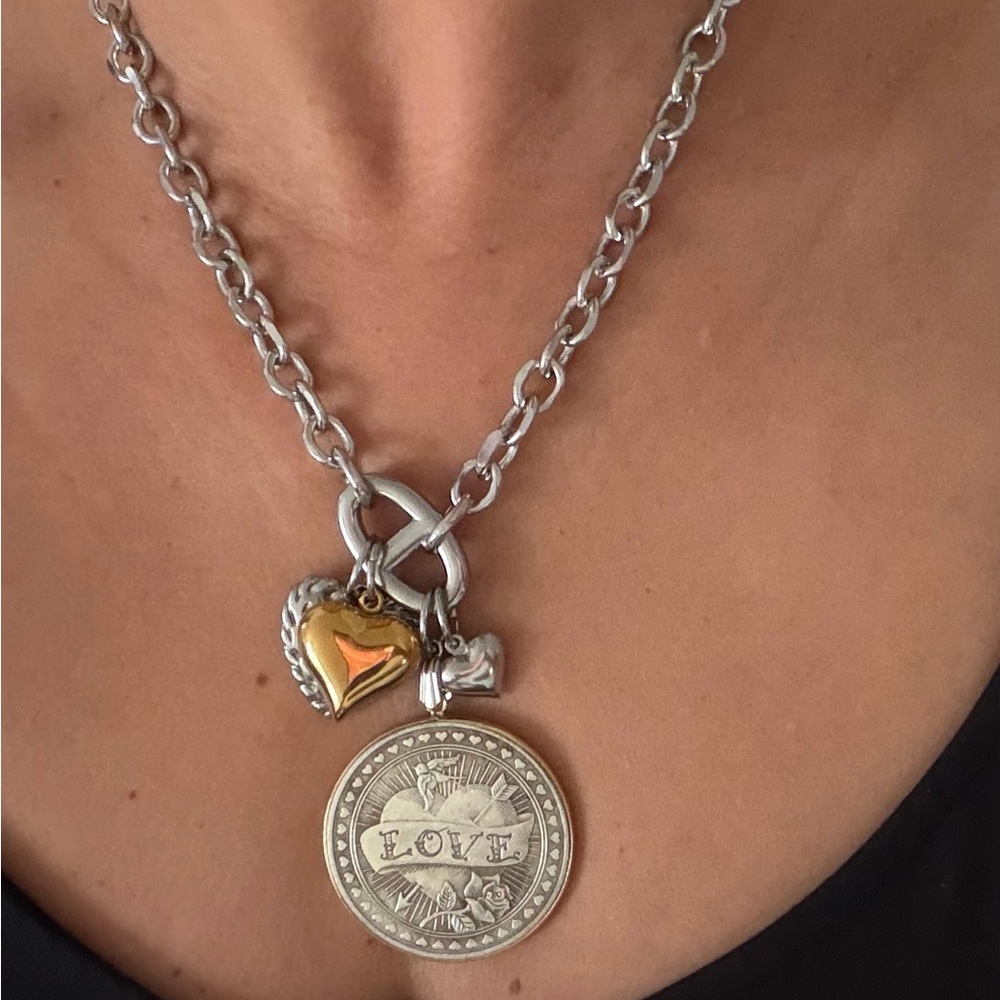 Love/Hate Silver Chain Necklace with Gold Heart & Coin Charm - Women Jewelry